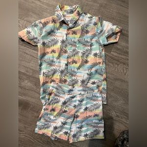 Grayson threads palm tree tropical pink green shorts button down shirt set